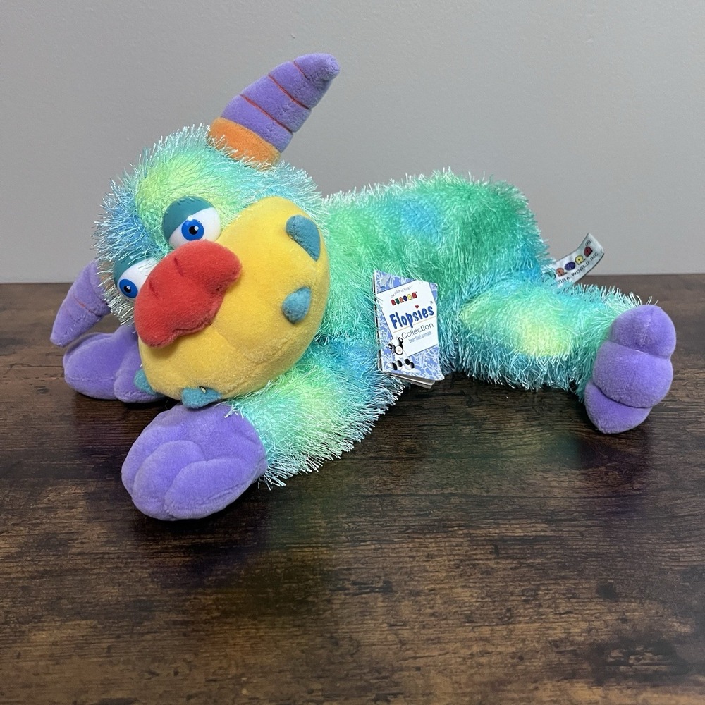 Aurora Flopsies Zonk 12" Bean Plush Green Purple Monster Laying Position